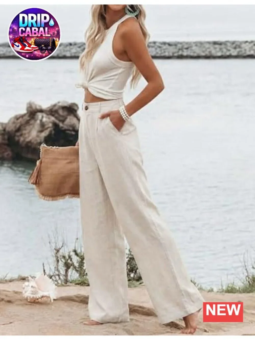 Cotton Linen High Waisted Wide Leg Pants Casual Button Trousers